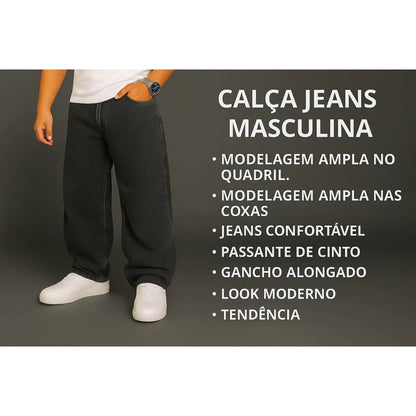 Calça Balão Jeans Masculina Bag Boca Larga Streetwear Reta